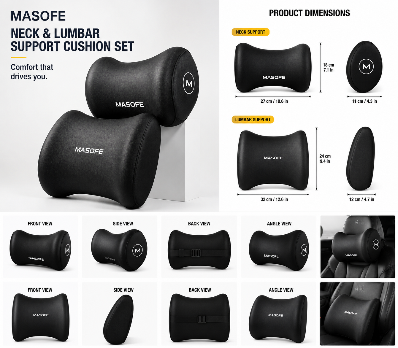 MASOFE Car Neck & Lumbar Support Cushion Set
